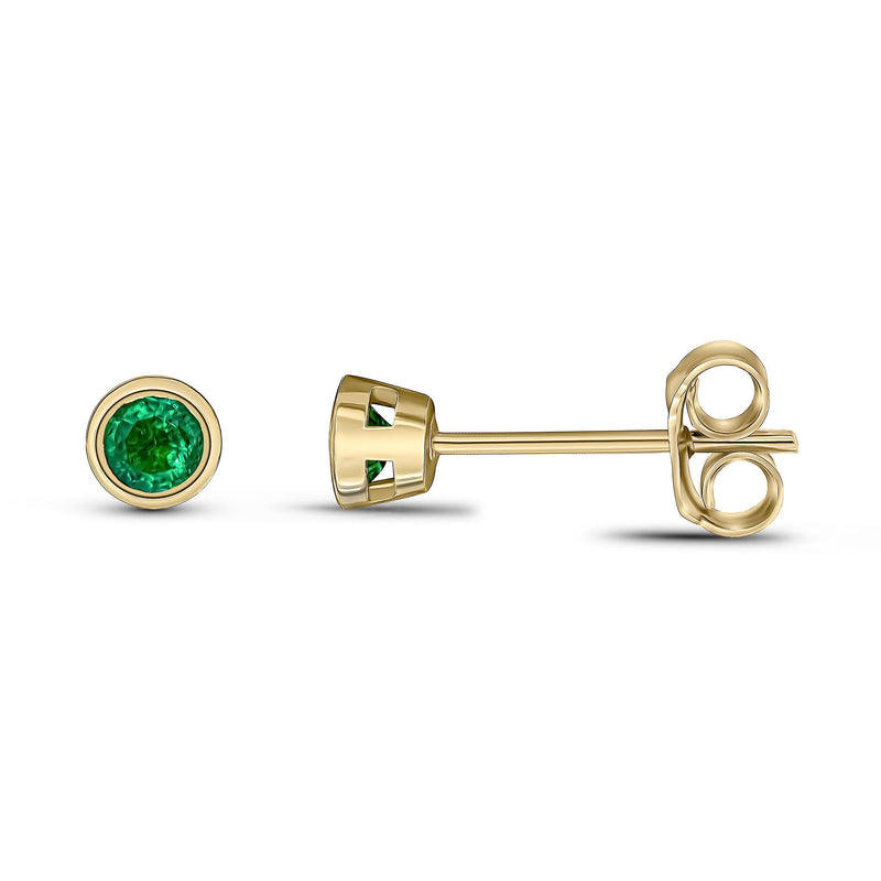 9ct Yellow Gold Round Natural Emerald Rubover Stud Earrings — 3mm