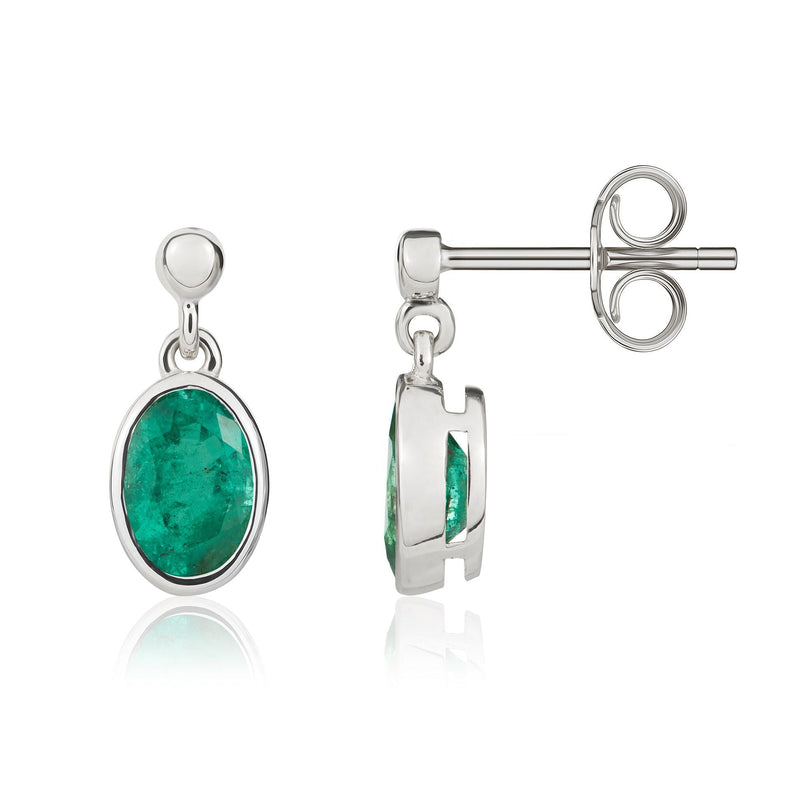 9ct White Gold Oval Natural Emerald Rubover Drop Earrings — 7x5mm