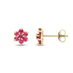9ct Yellow Gold Natural Ruby Flower Cluster Stud Earrings