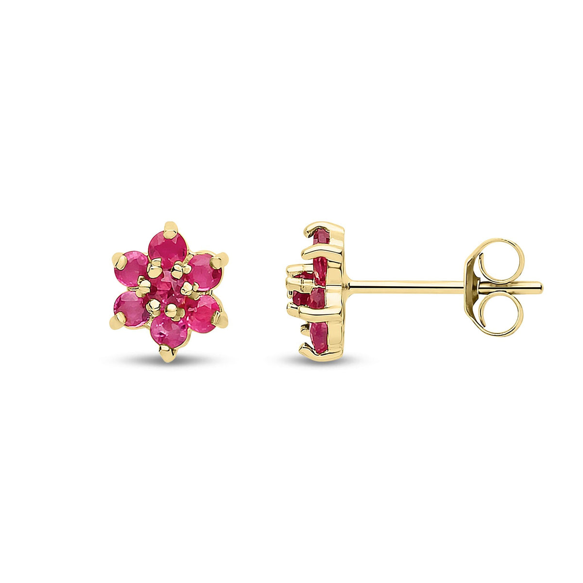 9ct Yellow Gold Natural Ruby Flower Cluster Stud Earrings