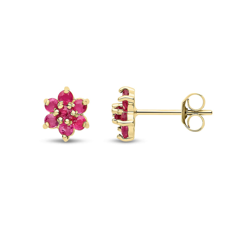 9ct Yellow Gold Natural Ruby Flower Cluster Stud Earrings