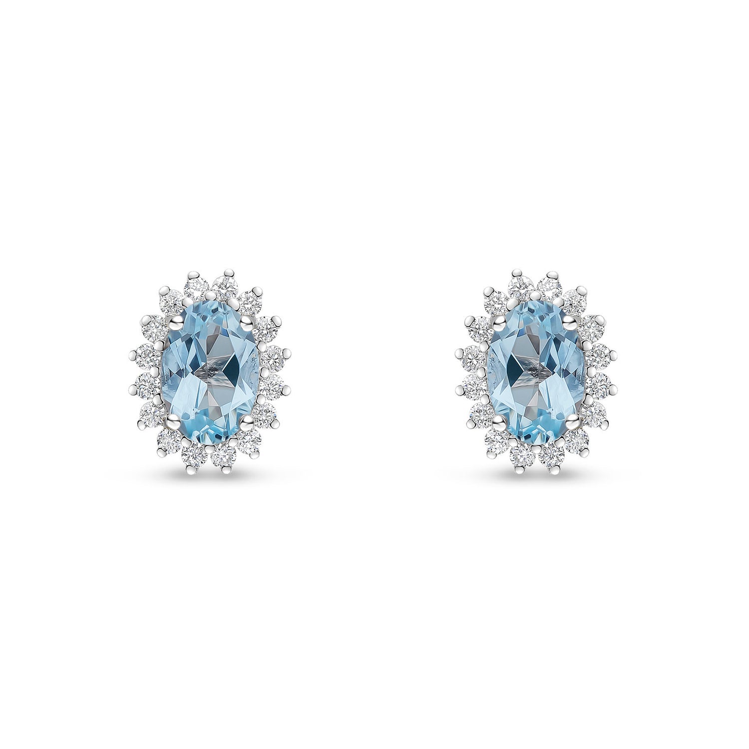 18ct White Gold Oval Natural Aquamarine and Round Diamond Claw Set Cluster Stud Earrings — 6x4mm
