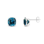 9ct White Gold Cushion Natural London Blue Topaz Claw Stud Earrings — 8mm