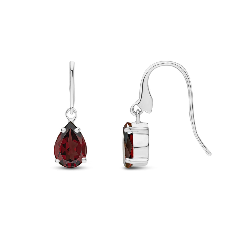9ct White Gold Pear Shaped Natural Garnet Claw Wire Hook Drop Earrings