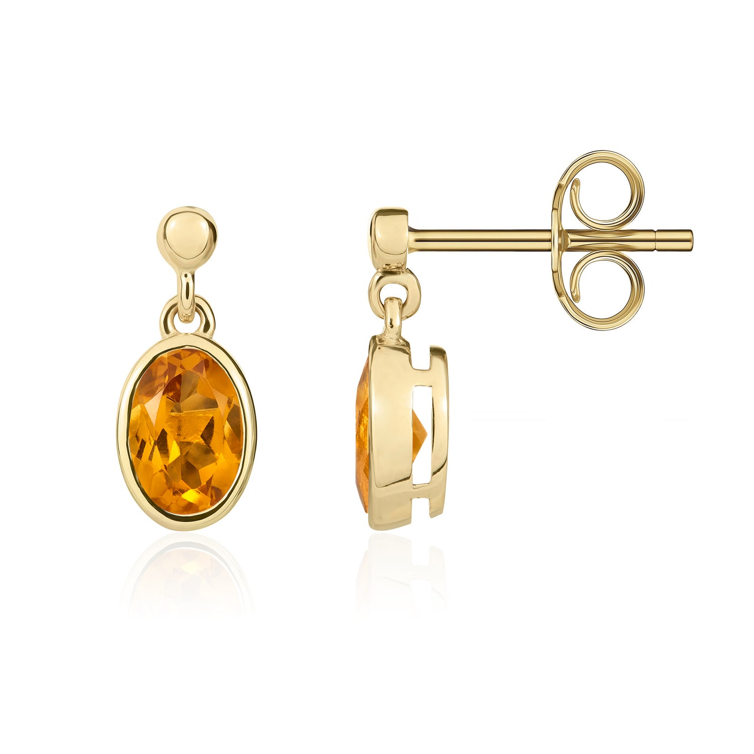 9ct Yellow Gold Oval Natural Citrine Rubover Set Drop Earrings — 6x4mm