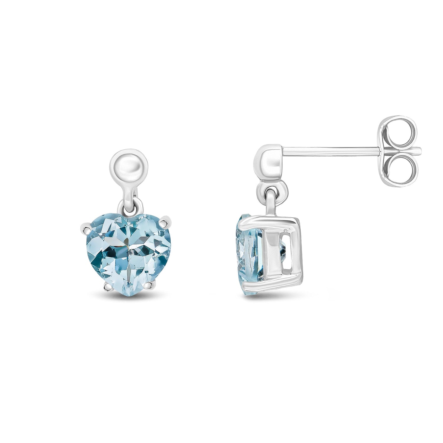 9ct White Gold Heart Shaped Natural Aquamarine Claw Drop Earrings with Bead Tops — 6mm