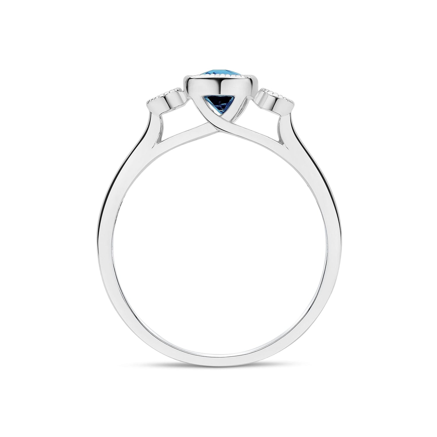 9ct White Gold Cushion London Blue Topaz & Round Diamond Millegrain Set Three Stone Ring — 7x5mm