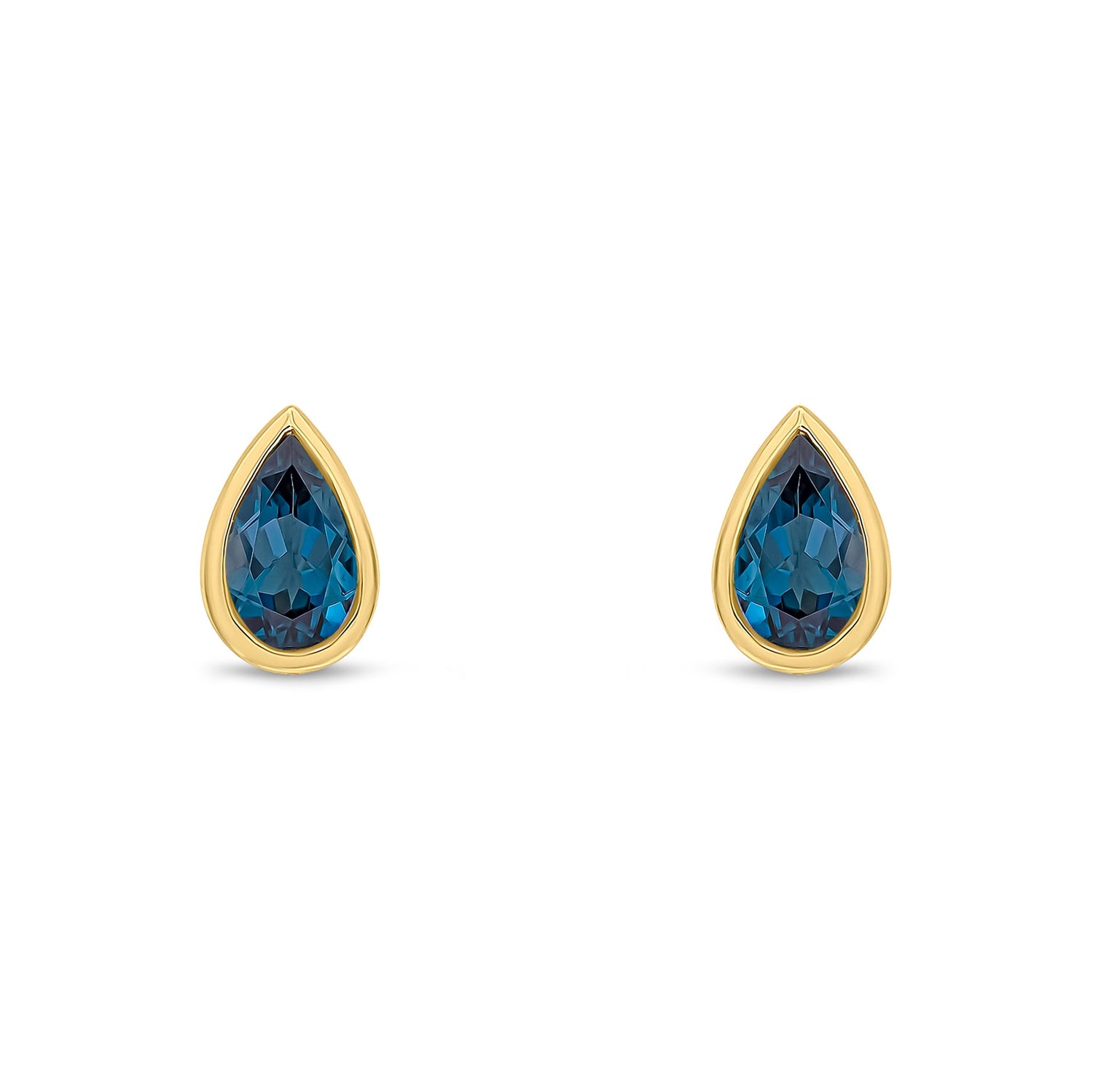 9ct Yellow Gold Pear Shaped Natural London Blue Topaz Rubover Stud Earrings — 5x3mm