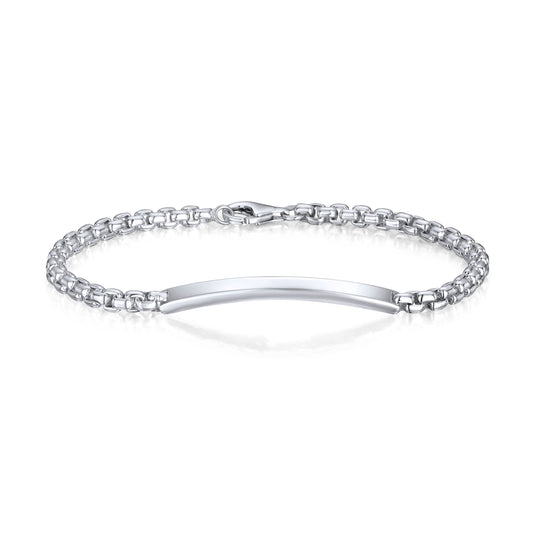 Sterling Silver Solid 4mm Rounded Box Gents Bar ID Identification Bracelet with 43x4mm Plate