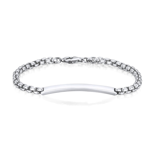 Sterling Silver Solid 4mm Rounded Box Gents Oxidised Bar ID Bracelet with 43x4mm Plate
