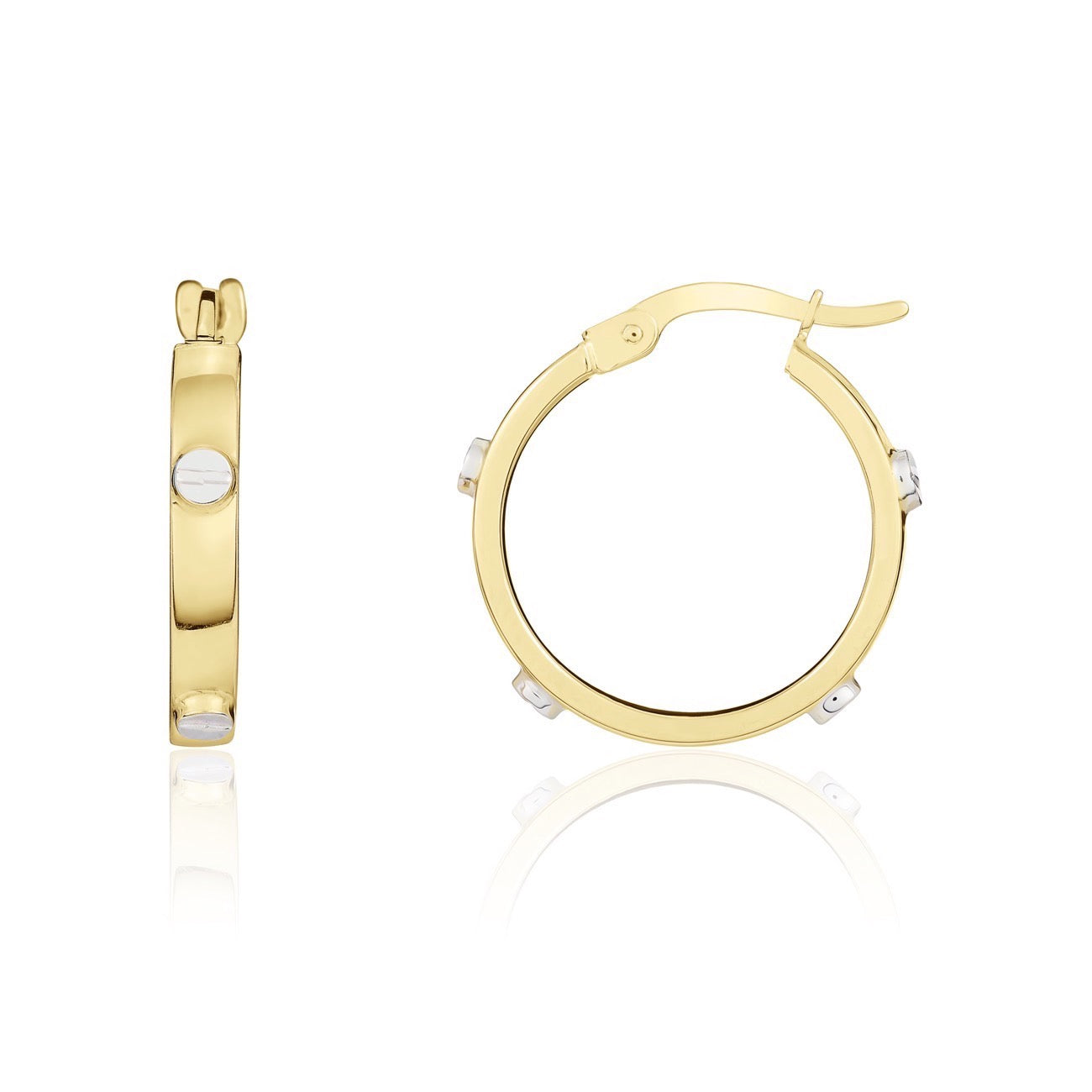 9ct Yellow Gold Square Profile Hoop Earrings with White Gold Screw Motifs — 18x3mm