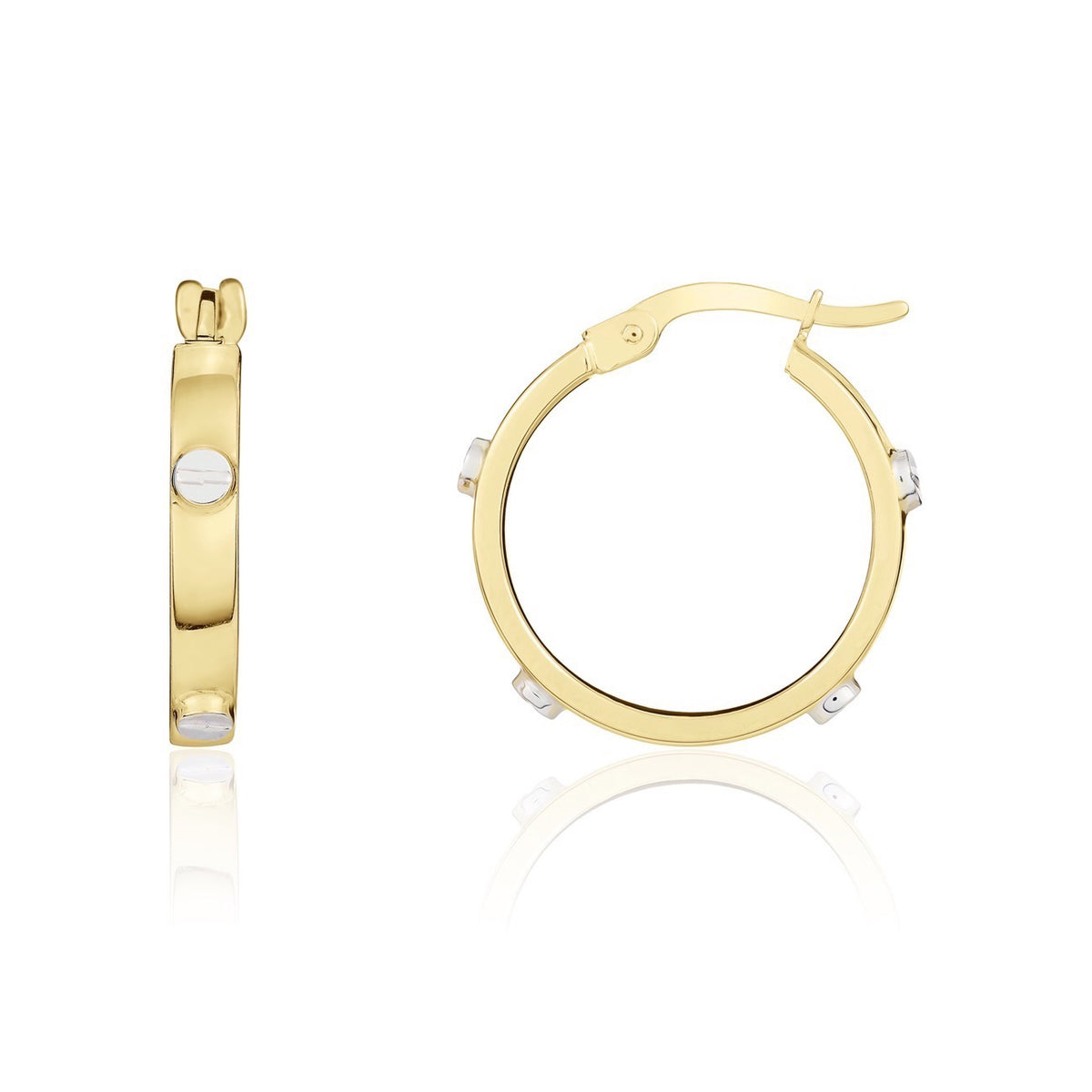 9ct Two Tone Square Profile Hoop Earrings with Screw Motifs — 18mm