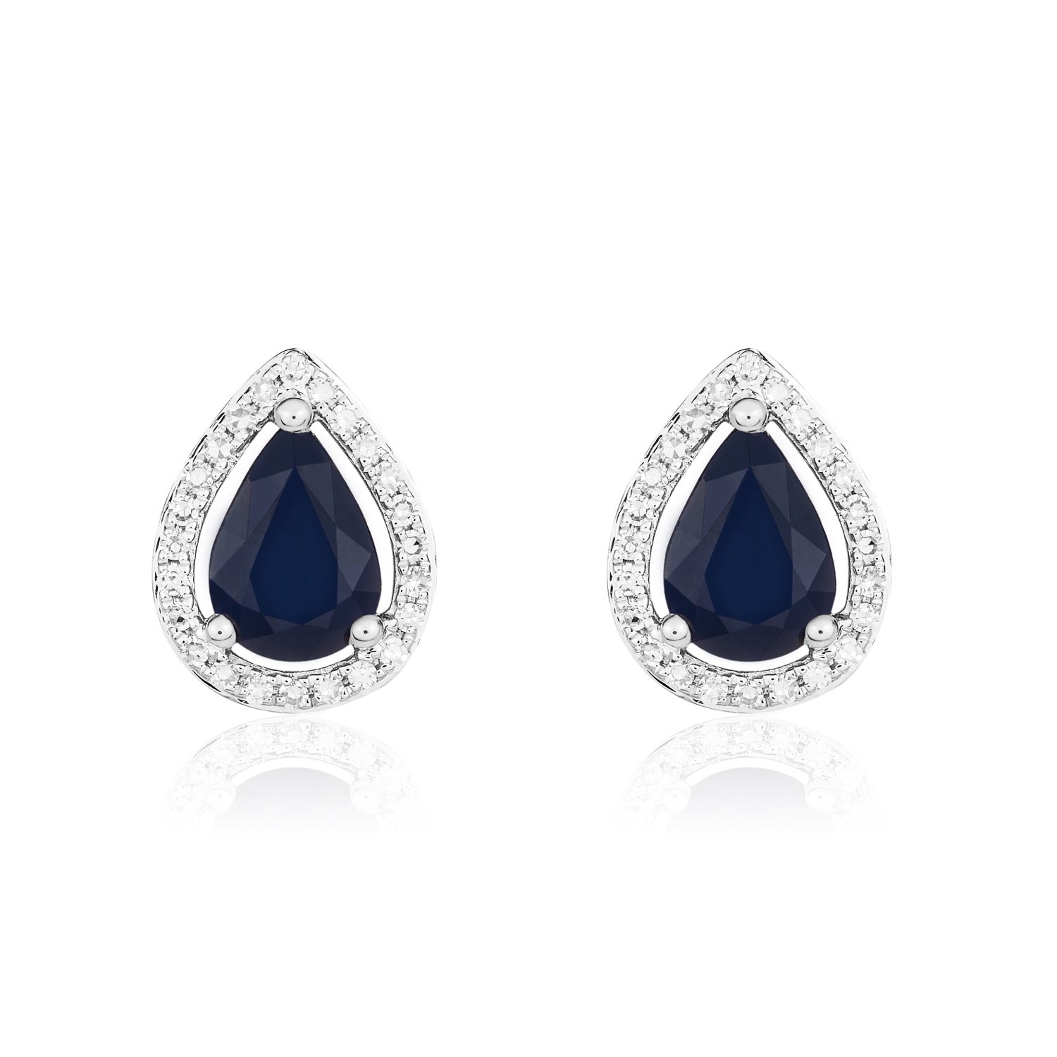 9ct White Gold Pear Shaped Natural Sapphire and Diamond Halo Cluster Earrings — 7x5mm