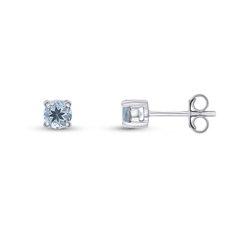 9ct White Gold Round Natural Aquamarine Claw Stud Earrings — 4mm