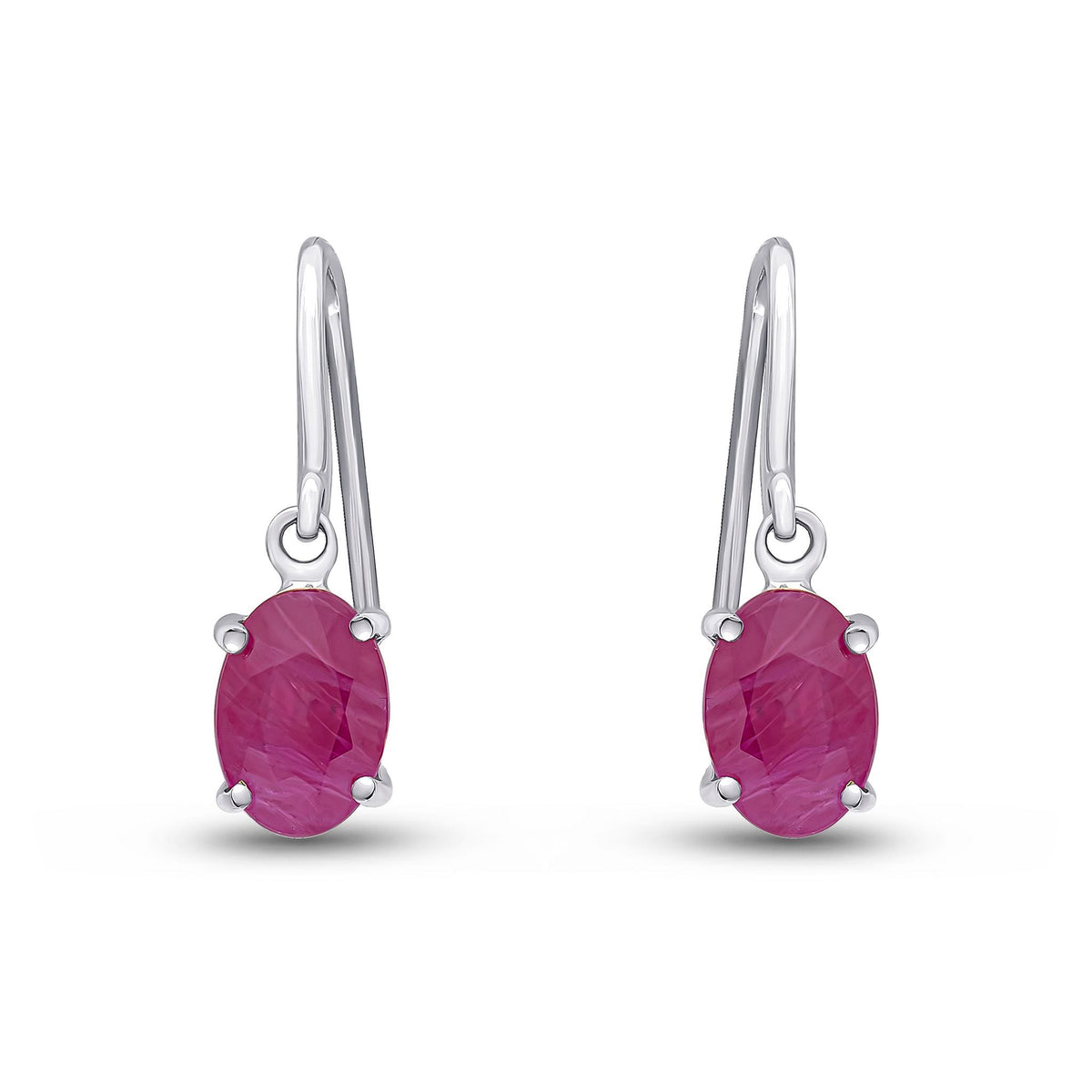 9ct White Gold Oval Natural Ruby Claw Hook Wire Drop Earrings — 7x5mm