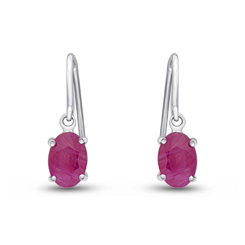 9ct White Gold Oval Natural Ruby Claw Hook Wire Drop Earrings — 7x5mm