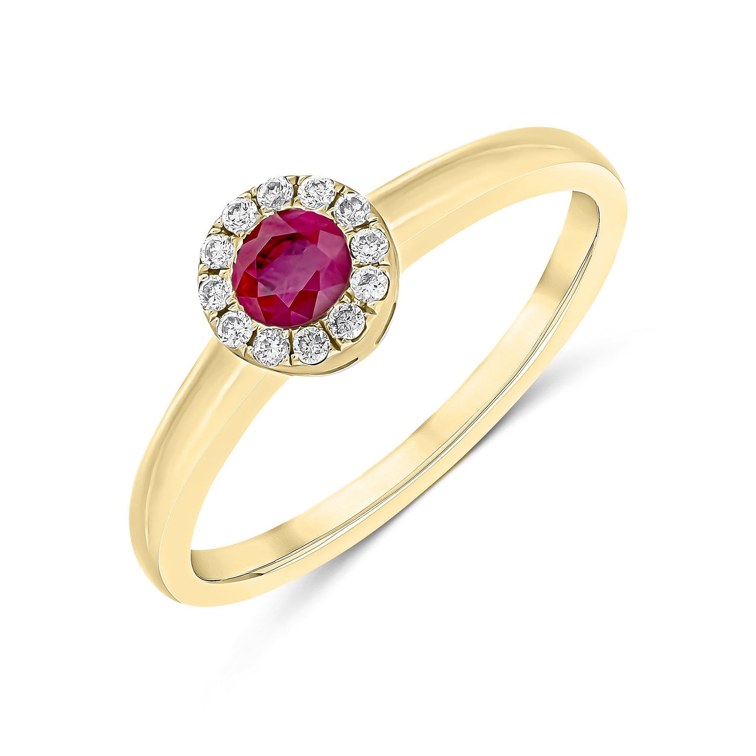18ct Yellow Gold Round Natural Ruby and Diamond Halo Cluster Ring — 4mm