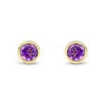 9ct Yellow Gold Round Natural Amethyst Rubover Stud Earrings — 6mm