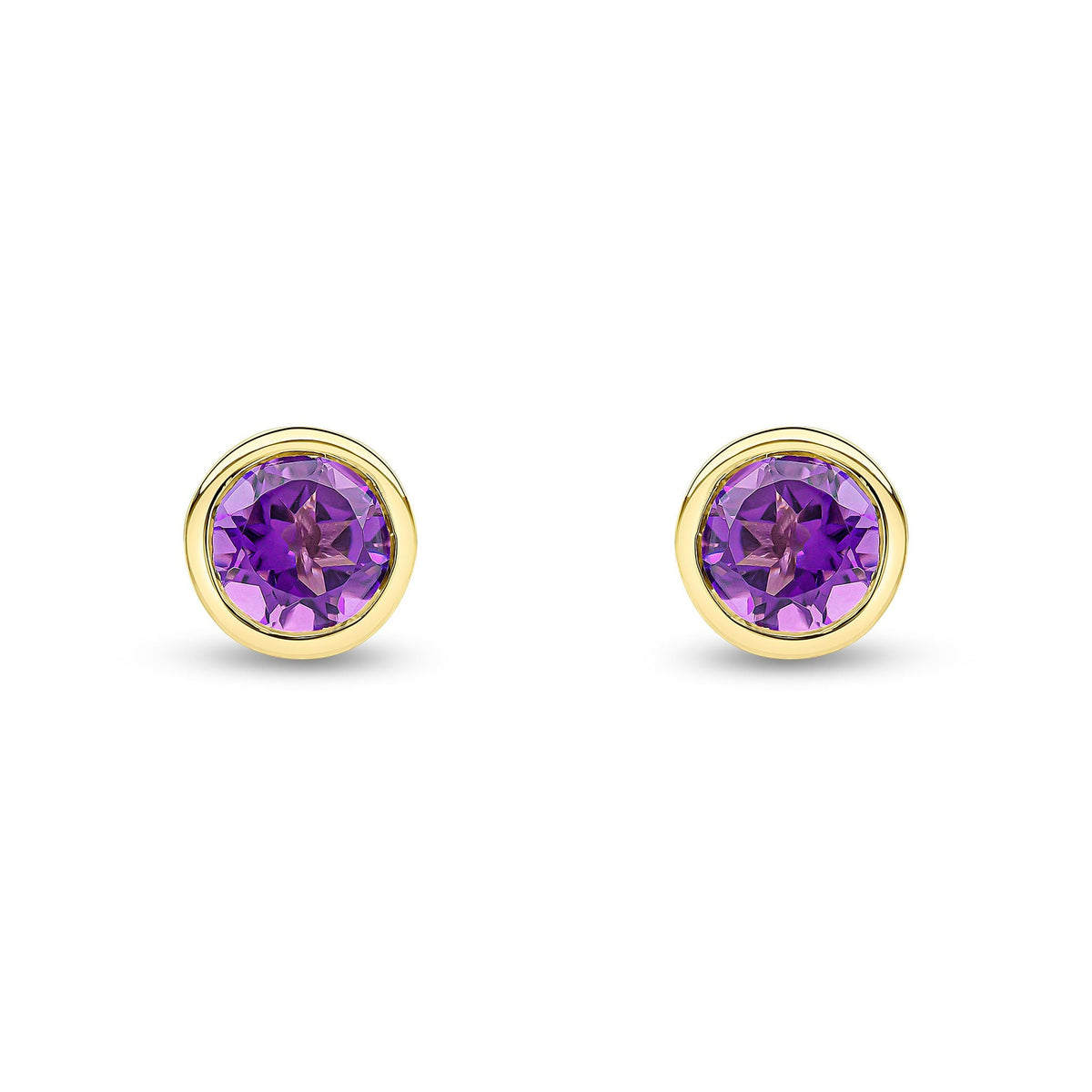 9ct Yellow Gold Round Natural Amethyst Rubover Stud Earrings — 6mm