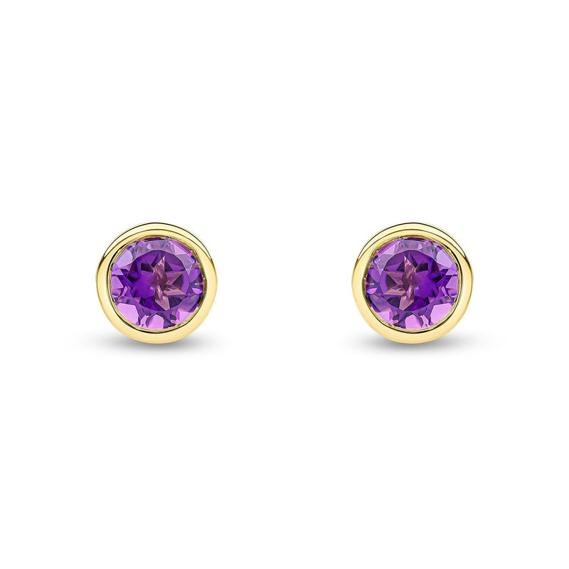 9ct Yellow Gold Round Natural Amethyst Rubover Stud Earrings — 6mm