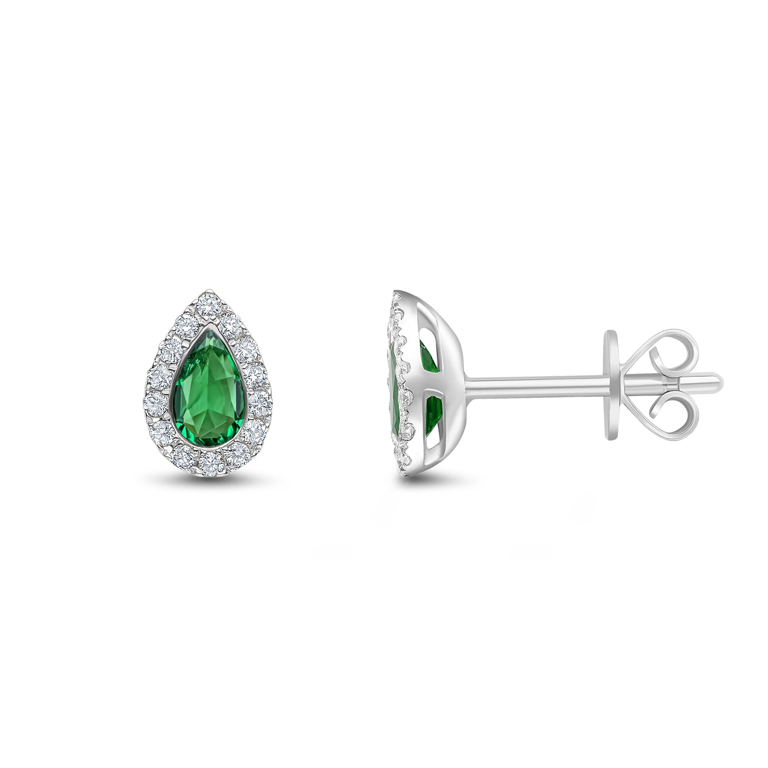 18ct White Gold Pear Shaped Natural Emerald and Diamond Cluster Stud Earrings — 5x3mm