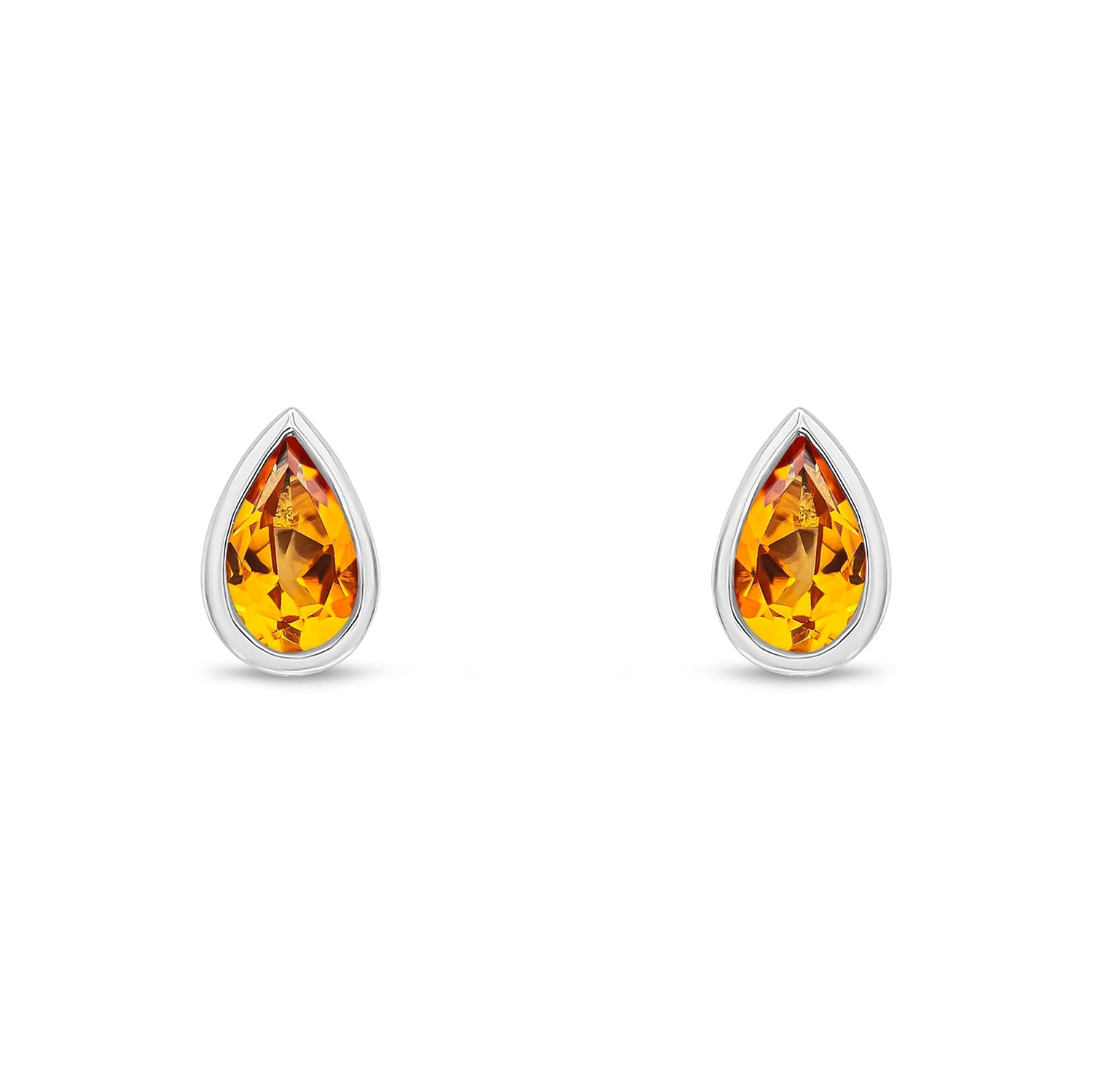 9ct White Gold Pear Shaped Natural Citrine Rubover Stud Earrings — 5x3mm