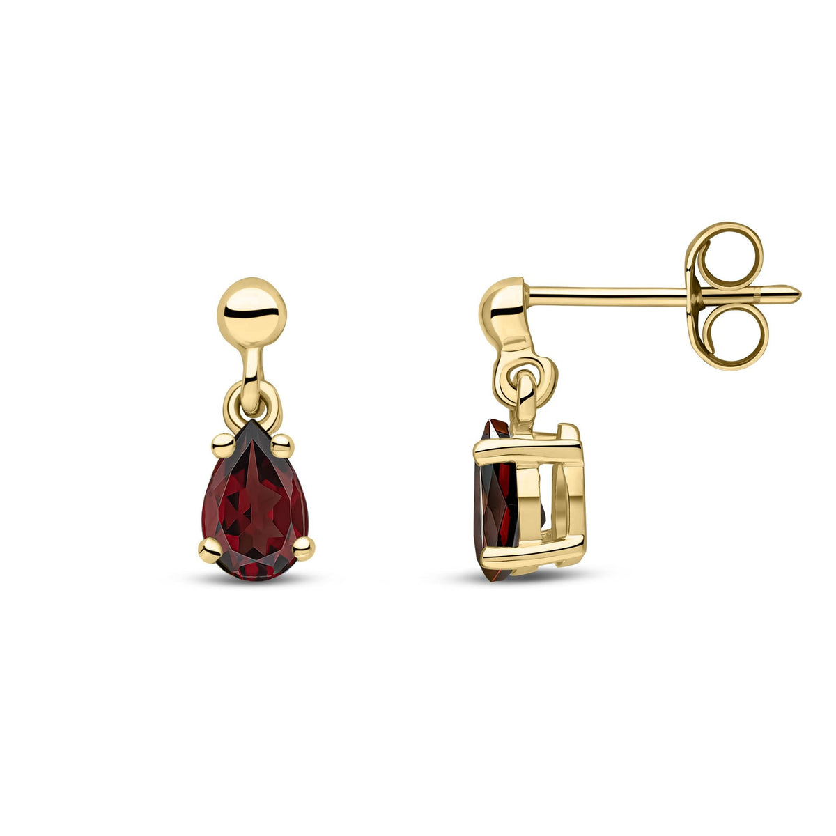 9ct Yellow Gold Pear Shaped Natural Garnet Claw Drop Earrings — 6x4mm