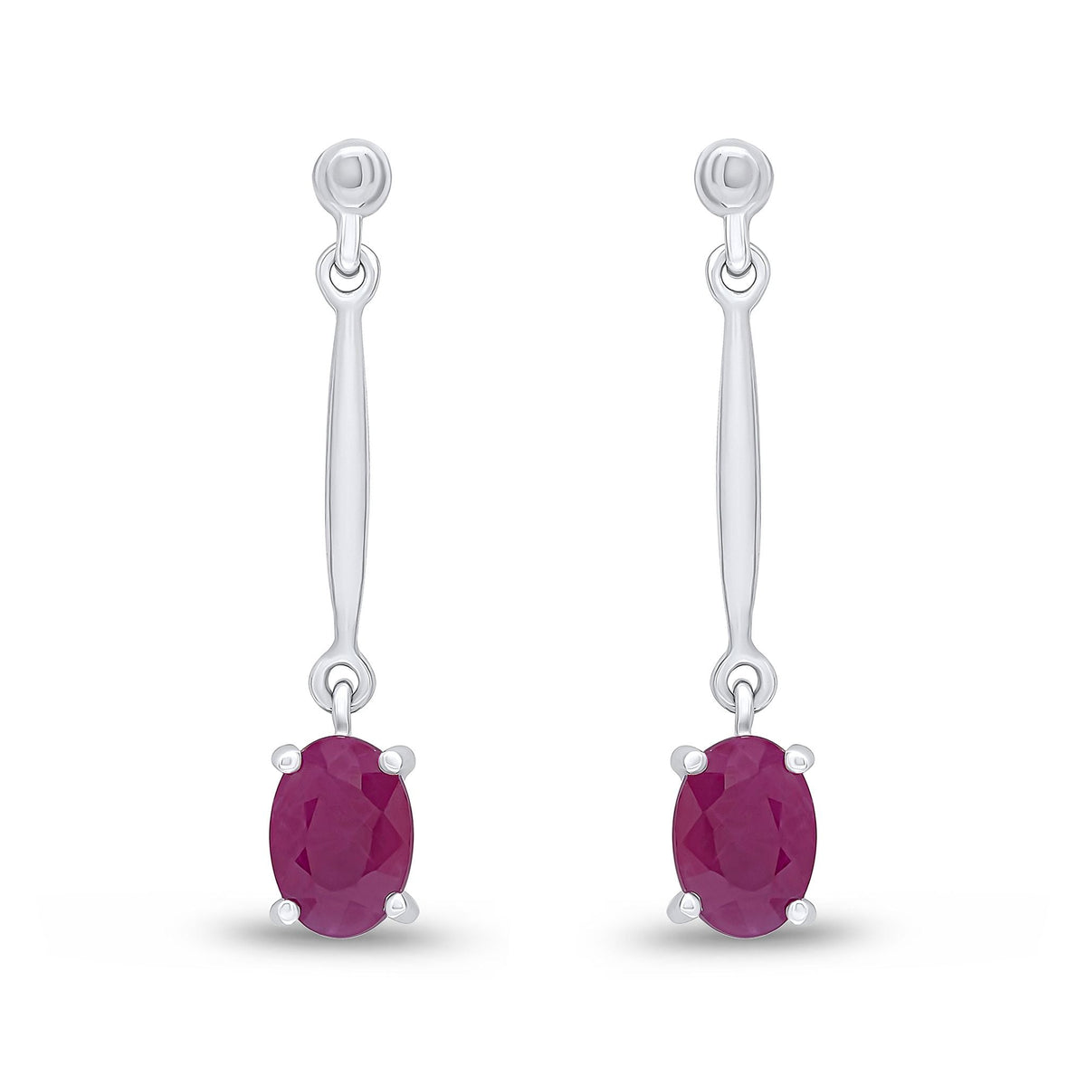 9ct White Gold Oval Natural Ruby Claw Bar Drop Earrings — 7x5mm