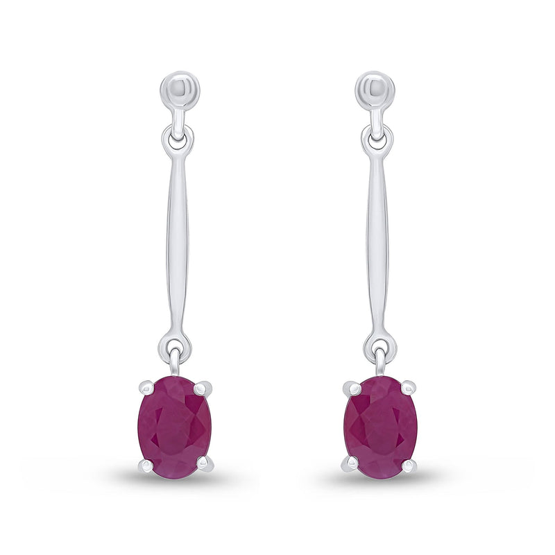 9ct White Gold Oval Natural Ruby Claw Bar Drop Earrings — 7x5mm