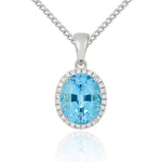 9ct White Gold Oval Natural Swiss Blue Topaz & Diamond Claw Cluster Pendant — 10x8mm