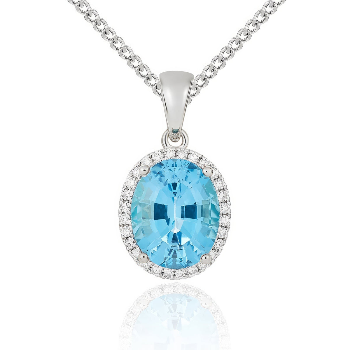 9ct White Gold Oval Natural Swiss Blue Topaz & Diamond Claw Cluster Pendant — 10x8mm