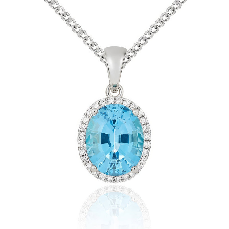 9ct White Gold Oval Natural Swiss Blue Topaz & Diamond Claw Cluster Pendant — 10x8mm