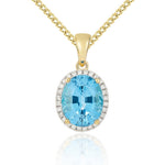 9ct Yellow Gold Oval Natural Swiss Blue Topaz & Diamond Claw Cluster Pendant — 10x8mm