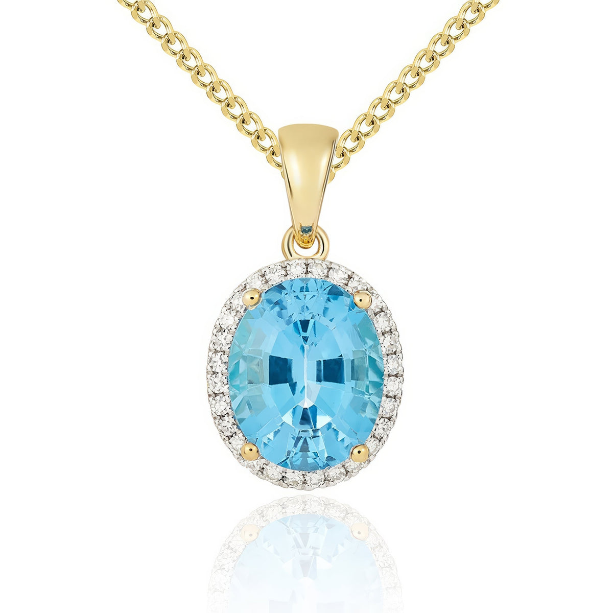 9ct Yellow Gold Oval Natural Swiss Blue Topaz & Diamond Claw Cluster Pendant — 10x8mm