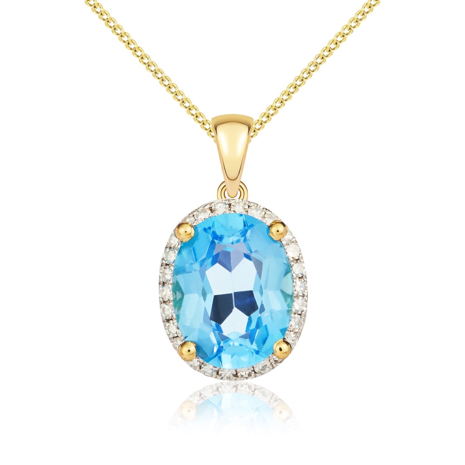 9ct Yellow Gold Oval Natural Swiss Blue Topaz and Diamond Cluster Pendant — 9x7mm