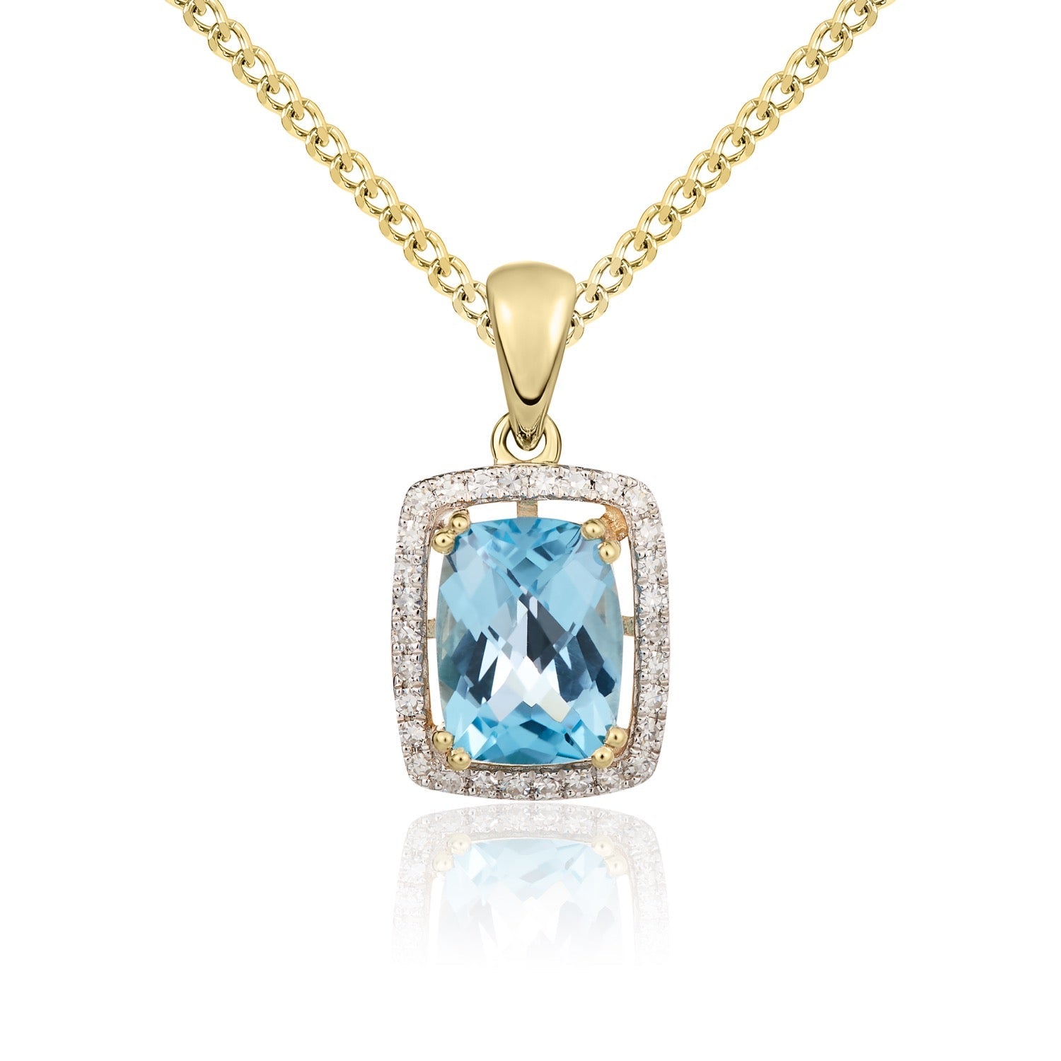 9ct Yellow Gold Octagonal Cushion Cut Natural Swiss Blue Topaz and Diamond Cluster Pendant — 8x6mm