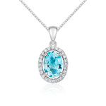 9ct White Gold Oval Natural Swiss Blue Topaz & Diamond Halo Cluster Pendant — 7x5mm