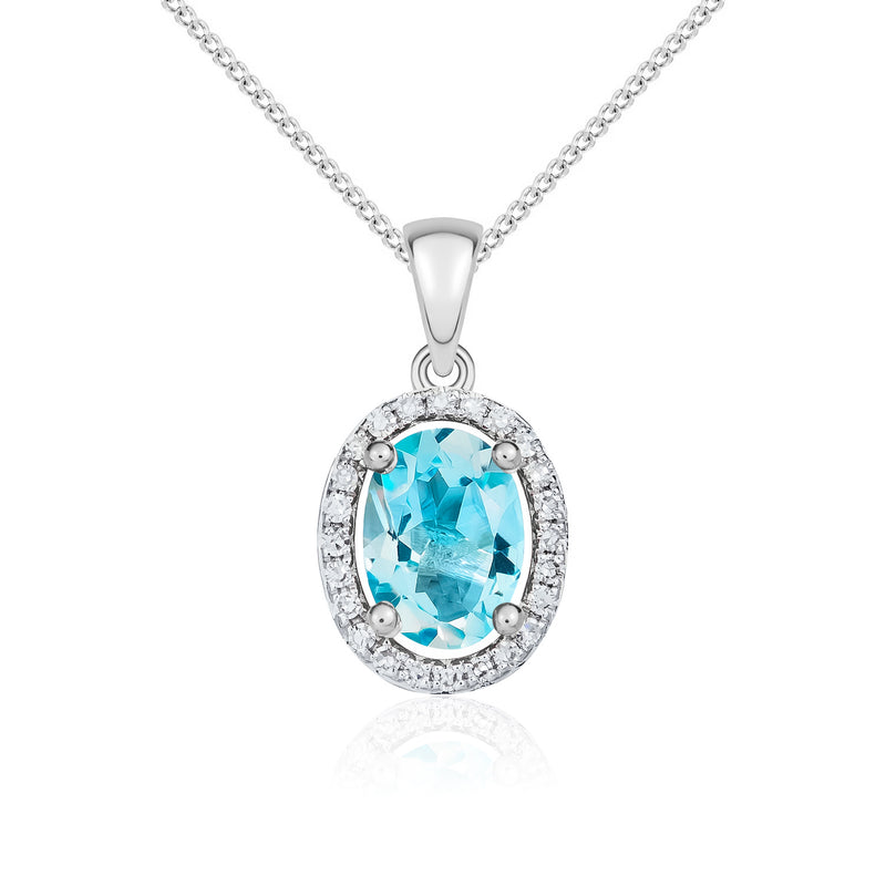 9ct White Gold Oval Natural Swiss Blue Topaz & Diamond Halo Cluster Pendant — 7x5mm