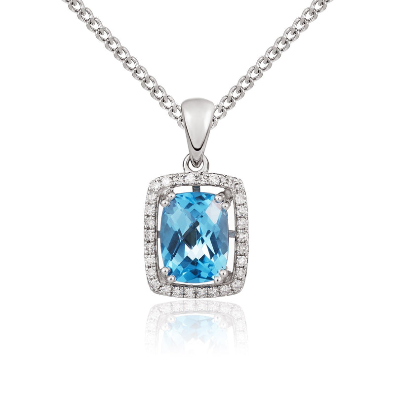 9ct White Gold Cushion Natural Swiss Blue Topaz & Diamond Cluster Pendant — 8x6mm