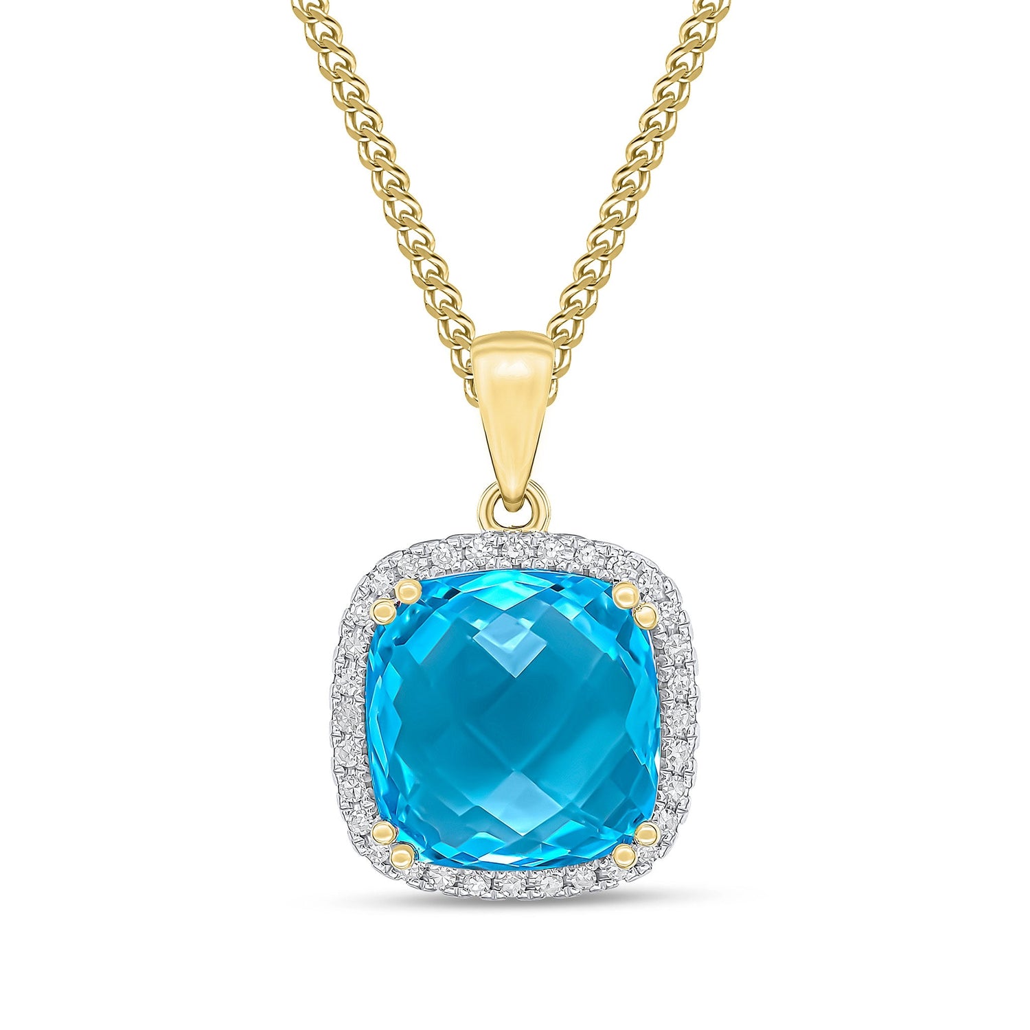 9ct Yellow Gold Cushion Natural Swiss Blue Topaz and Diamond Cluster Pendant — 10mm