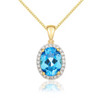 9ct Yellow Gold Oval Natural Swiss Blue Topaz & Diamond Claw Cluster Pendant — 8x6mm