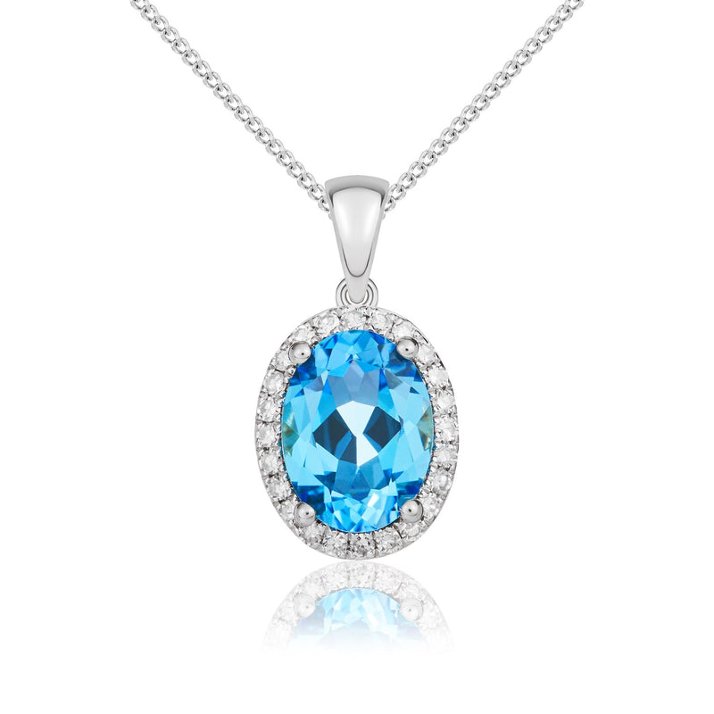 9ct White Gold Oval Natural Swiss Blue Topaz & Diamond Claw Cluster Pendant — 8x6mm