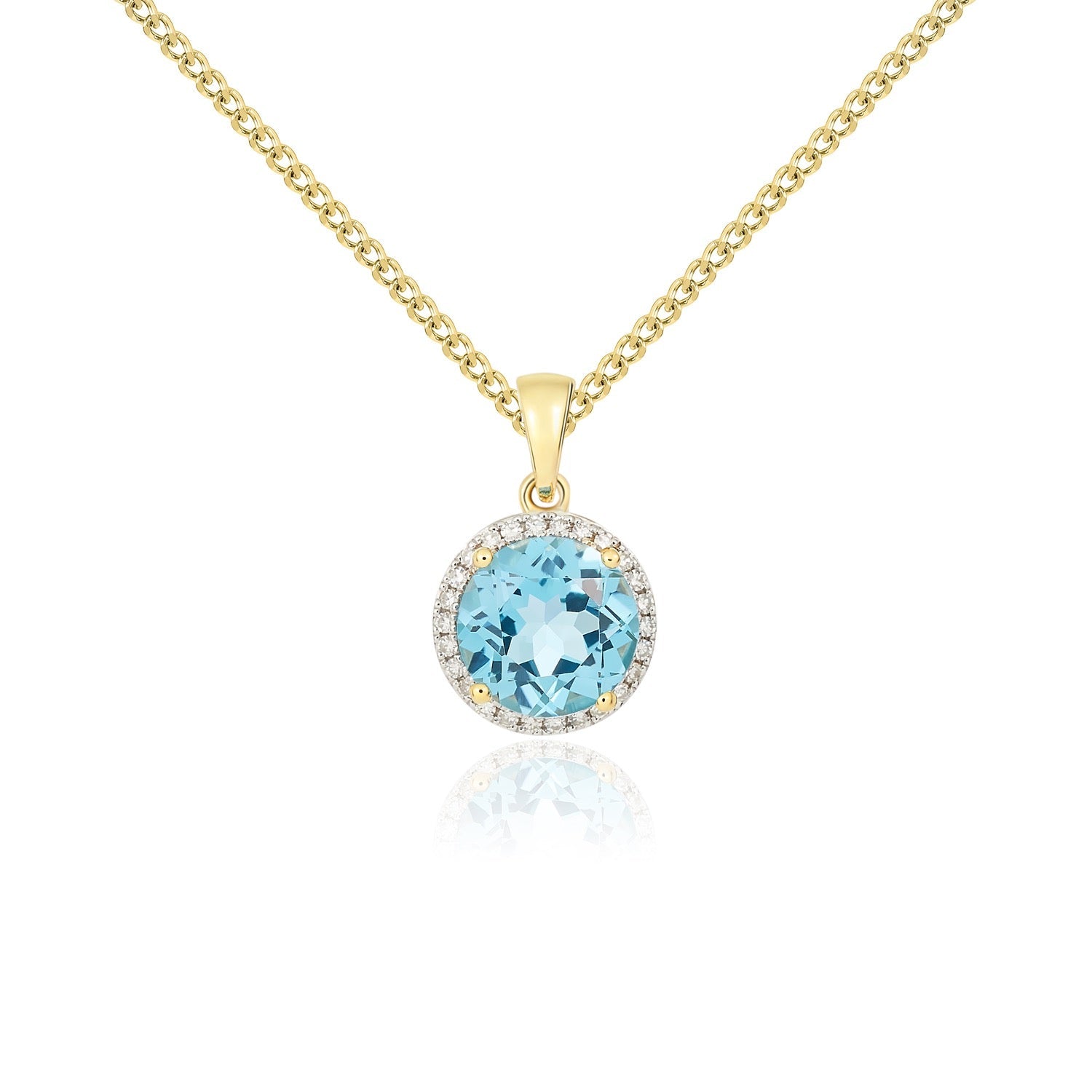 9ct Yellow Gold Round Natural Swiss Blue Topaz and Diamond Cluster Pendant — 8mm