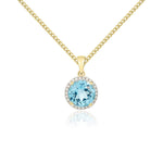 9ct Yellow Gold Round Natural Swiss Blue Topaz & Diamond Claw Cluster Pendant — 8mm