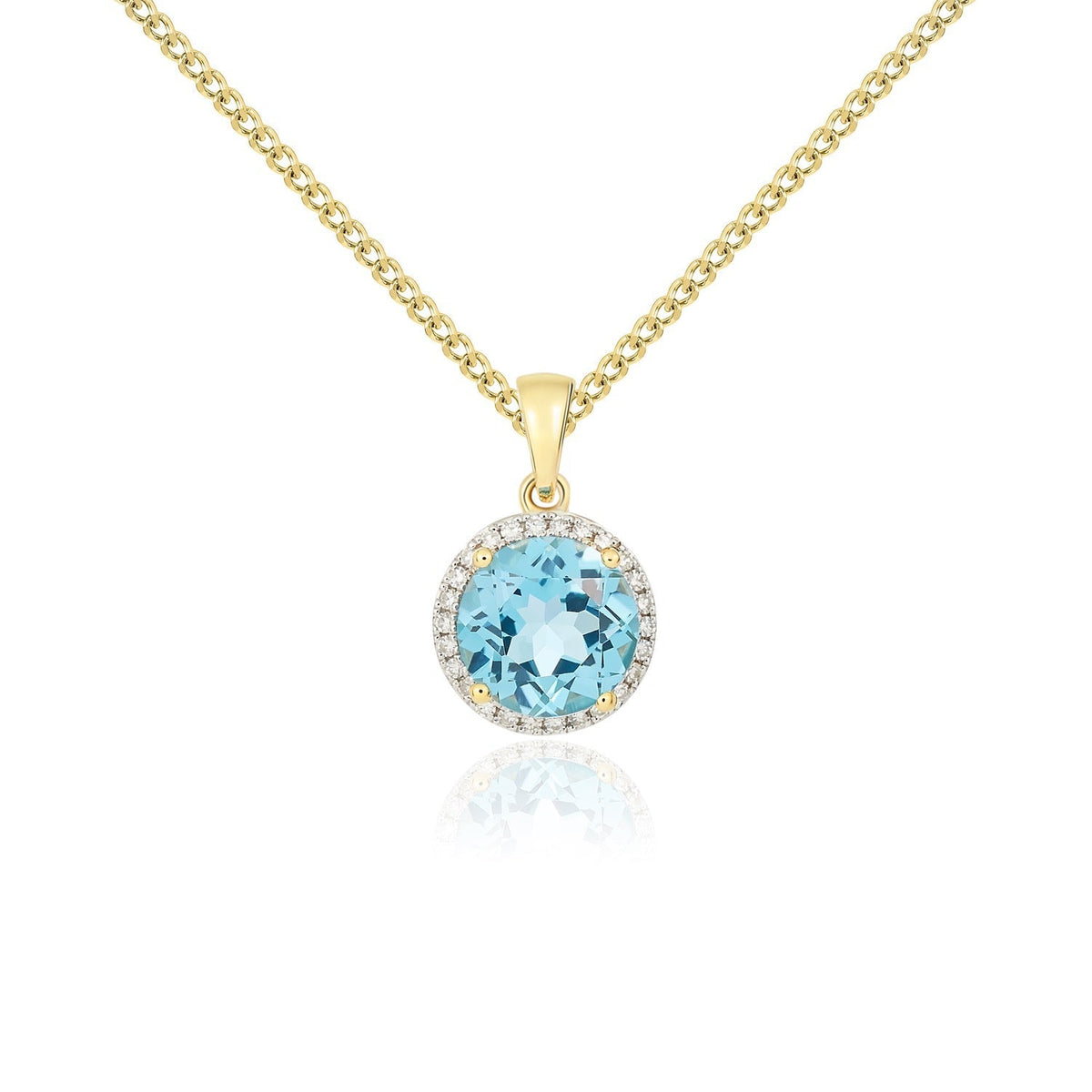 9ct Yellow Gold Round Natural Swiss Blue Topaz & Diamond Claw Cluster Pendant — 8mm