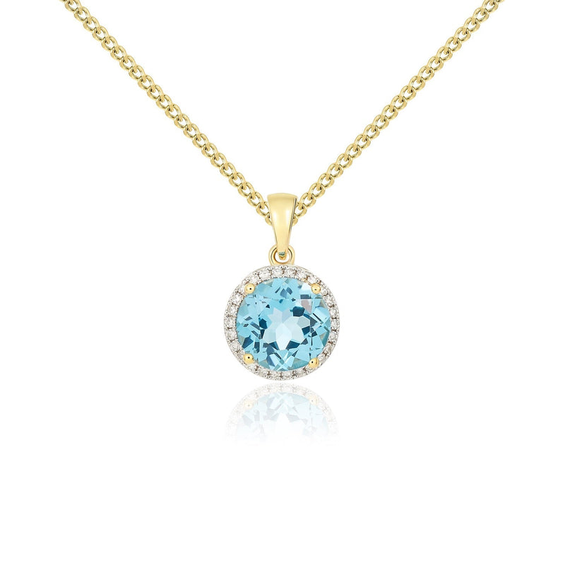 9ct Yellow Gold Round Natural Swiss Blue Topaz & Diamond Claw Cluster Pendant — 8mm