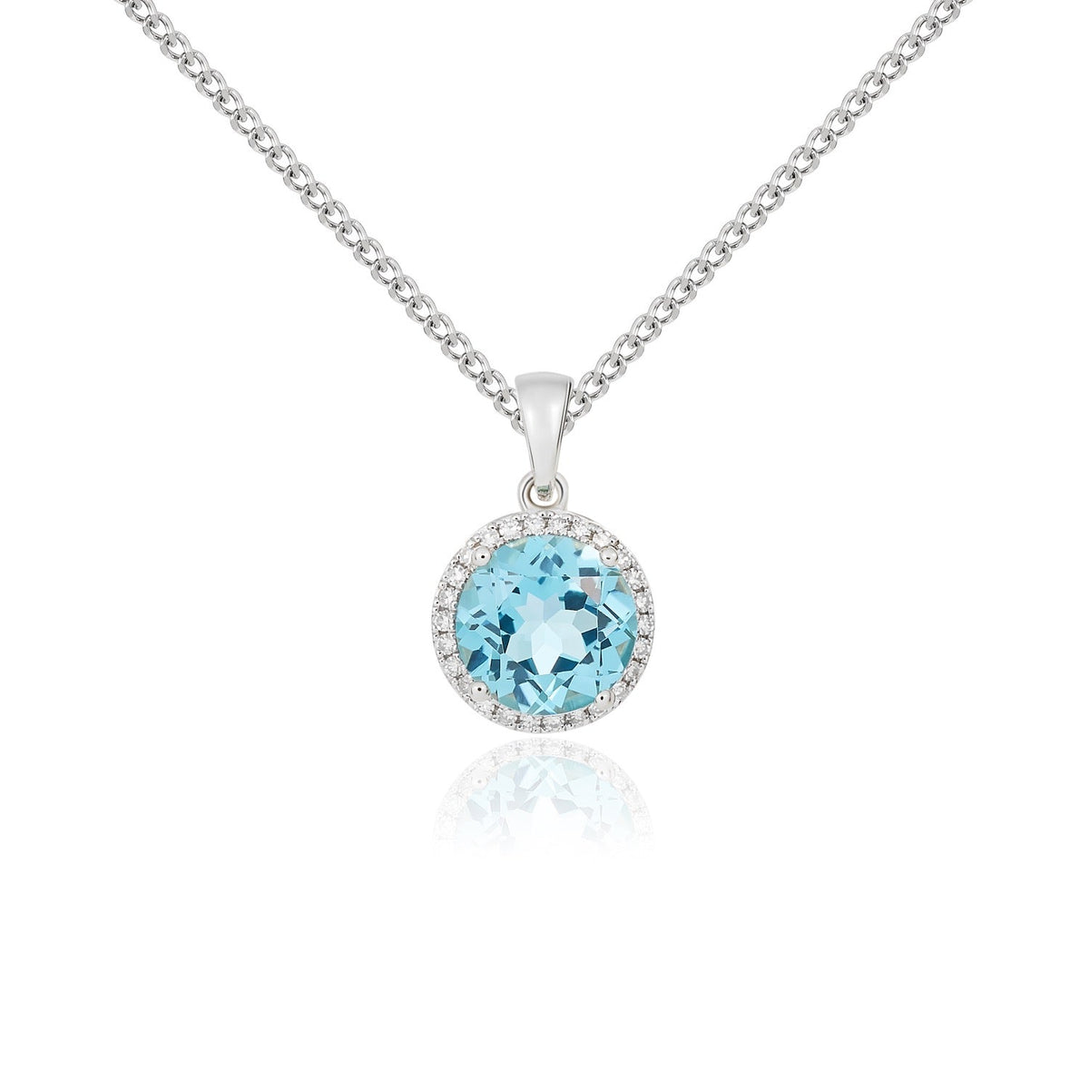 9ct White Gold Round Natural Swiss Blue Topaz & Diamond Claw Cluster Pendant — 8mm