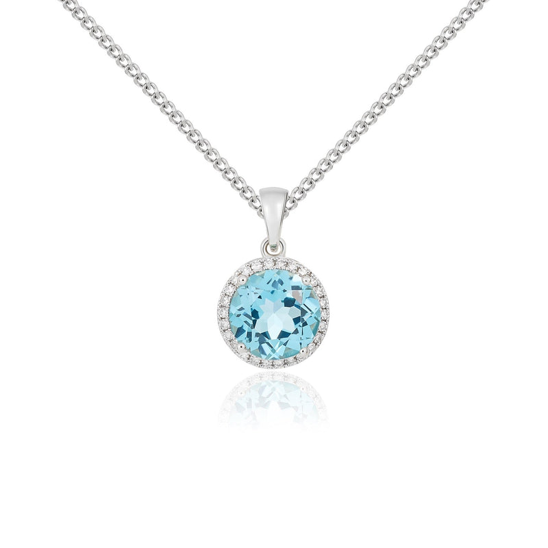 9ct White Gold Round Natural Swiss Blue Topaz & Diamond Claw Cluster Pendant — 8mm