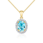 9ct Yellow Gold Oval Natural Swiss Blue Topaz & Diamond Halo Cluster Pendant — 7x5mm