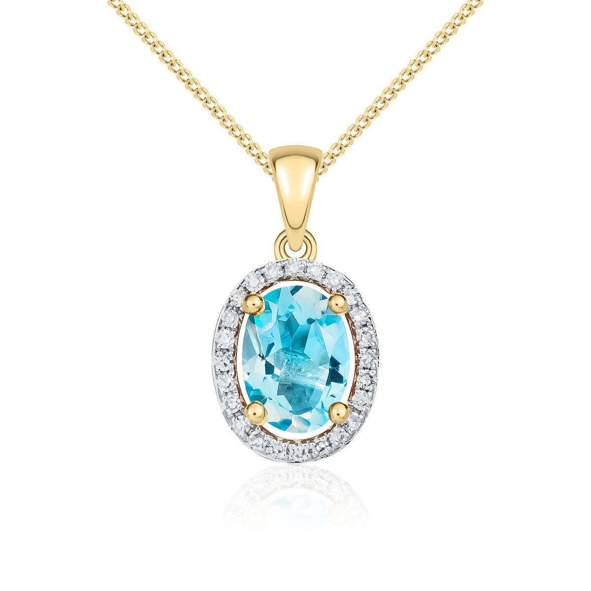 9ct Yellow Gold Oval Natural Swiss Blue Topaz & Diamond Halo Cluster Pendant — 7x5mm